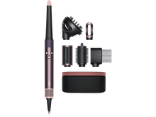 Charger l&#39;image dans la galerie, Dyson Airwrap styler avec accessoires, noir et or rose, disposés sur une surface noire.
