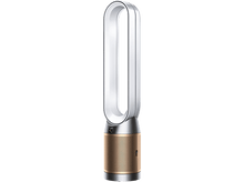 Charger l&#39;image dans la galerie, Ventilateur Dyson, partie supérieure blanche, section centrale argentée et base bronze. Fond noir. Design moderne.
