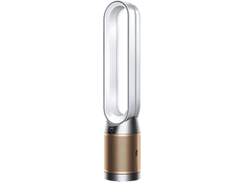 Ventilateur Dyson, partie supérieure blanche, section centrale argentée et base bronze. Fond noir. Design moderne.