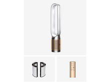 Charger l&#39;image dans la galerie, Purificateur d&#39;air Dyson avec filtres et télécommande, sur fond blanc. Schéma or et argent.
