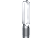 Ventilateur Dyson argenté avec une sortie d'air ovale blanche et un fond noir.