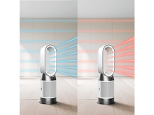 Charger l&#39;image dans la galerie, Deux ventilateurs blancs et argentés, l&#39;un soufflant de l&#39;air bleu et l&#39;autre rouge.
