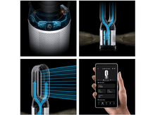 Charger l&#39;image dans la galerie, Quatre images montrant les composants internes, le flux d&#39;air et l&#39;interface de l&#39;application d&#39;un purificateur d&#39;air Dyson.
