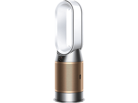 Un ventilateur Dyson argent et or avec une ouverture ovale blanche et une base argentée.