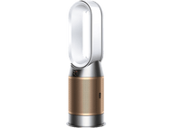 Un ventilateur Dyson argent et or avec une ouverture ovale blanche et une base argentée.