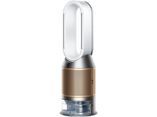 Charger l&#39;image dans la galerie, Un purificateur d&#39;air et ventilateur Dyson blanc et or. La base est dorée et le dessus est blanc.
