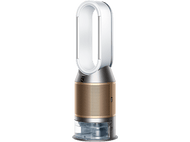 Un purificateur d'air et ventilateur Dyson blanc et or. La base est dorée et le dessus est blanc.