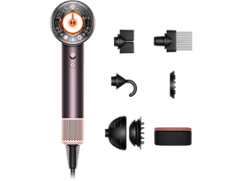 Sèche-cheveux Dyson et accessoires. Palette de couleurs rose et cuivre. Fond noir.