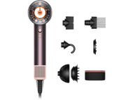 Sèche-cheveux Dyson et accessoires. Palette de couleurs rose et cuivre. Fond noir.