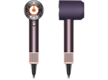 Charger l&#39;image dans la galerie, Deux vues d&#39;un sèche-cheveux violet et or rose, montrant le profil avant et latéral.
