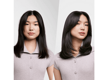 Charger l&#39;image dans la galerie, Une femme aux cheveux raides et foncés, avant et après une coupe de cheveux. La coupe après a des couches.
