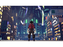 Charger l&#39;image dans la galerie, Un homme en veste rouge se tient dans une ville futuriste. Bâtiments avec des néons brillants en arrière-plan.
