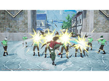 Charger l&#39;image dans la galerie, Un personnage donne un coup de pied, entouré d&#39;autres en uniforme vert, avec des bâtiments.
