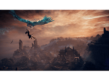 Charger l&#39;image dans la galerie, Une figure avec une épée volant avec un oiseau au-dessus d&#39;un paysage. Ciel dramatique, château et montagnes.
