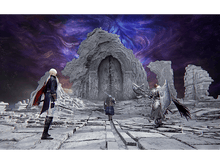 Charger l&#39;image dans la galerie, Trois personnages se tiennent devant une arche en pierre sous un ciel violet. Deux personnages sont en armure.
