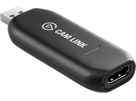 Appareil Cam Link noir avec connecteur USB et port HDMI, incliné pour l