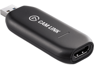 Appareil Cam Link noir avec connecteur USB et port HDMI, incliné pour l'affichage, fond uni.