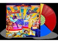 Pochette d'album avec une scène colorée mettant en scène des artistes. Un disque vinyle est également présent.