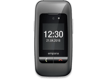 Charger l&#39;image dans la galerie, Un téléphone portable emporia noir affiche l&#39;heure 12h30 et la date 21.04.2018. Il a des boutons d&#39;appel verts et rouges en bas.
