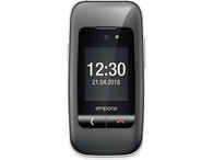 Un téléphone portable emporia noir affiche l'heure 12h30 et la date 21.04.2018. Il a des boutons d'appel verts et rouges en bas.