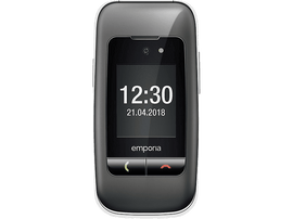 Un téléphone portable emporia noir affiche l