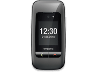 Un téléphone portable emporia noir affiche l'heure 12h30 et la date 21.04.2018. Il a des boutons d'appel verts et rouges en bas.