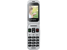 Charger l&#39;image dans la galerie, Un téléphone argenté affiche un enfant soufflant des graines. Il a un clavier avec de gros boutons et un écran affichant &#39;emporia&#39;.
