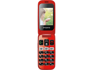 Téléphone à clapet rouge avec écran montrant une fille soufflant des pissenlits.