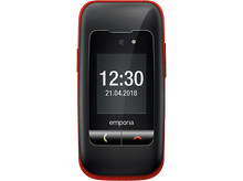 Charger l&#39;image dans la galerie, Téléphone Emporia noir et rouge avec l&#39;heure 12h30 à l&#39;écran.
