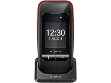 Charger l&#39;image dans la galerie, Un téléphone emporia noir et rouge et un support de charge. L&#39;écran affiche 12:30 et 21.04.2018.
