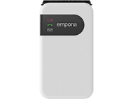 Appareil Emporia blanc. Affiche les icônes de batterie, d'appel et de message. Fond noir.