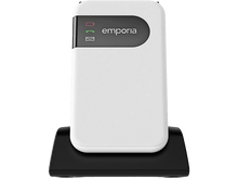 Charger l&#39;image dans la galerie, Appareil Emporia blanc sur une base de chargement noire. Il a un dessus noir avec le logo Emporia.
