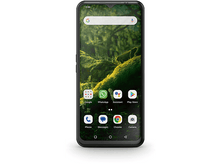 Charger l&#39;image dans la galerie, Un smartphone noir avec un fond d&#39;écran de forêt verte, affichant des icônes d&#39;applications à l&#39;écran.
