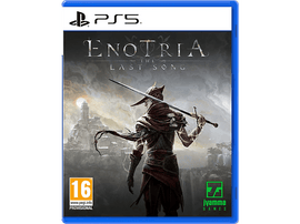 Couverture du jeu Enotria: The Last Song PS5. Une figure avec une épée se tient devant un château.