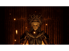 Charger l&#39;image dans la galerie, Une femme avec une coiffe et une armure ornées, debout dans une pièce faiblement éclairée avec des flammes.
