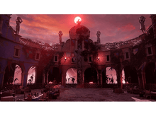 Charger l&#39;image dans la galerie, Scène de cour. Bâtiments avec des arches et des statues. Des gens et des tables dans la cour, ciel rouge.
