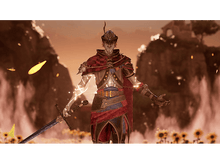 Charger l&#39;image dans la galerie, Personnage fantastique avec une épée, en armure. Debout parmi les tournesols, fond de coucher de soleil.
