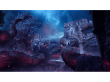 Charger l&#39;image dans la galerie, Scène fantastique avec une structure en ruine et des arbres brillants. Le ciel est bleu foncé.
