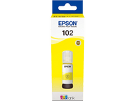 Bouteille d'encre Epson 102 dans une boîte jaune. La bouteille est jaune et la boîte porte la marque Epson.