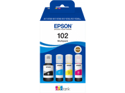 Cartouches d'encre Epson 102 multipack en bouteilles. Noir, cyan, jaune et magenta. La boîte est bleue et blanche.