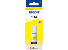 Charger l&#39;image dans la galerie, Bouteille d&#39;encre jaune Epson 104 dans une boîte jaune avec des touches de bleu et de noir. La bouteille est jaune.
