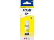 Bouteille d'encre jaune Epson 104 dans une boîte jaune avec des touches de bleu et de noir. La bouteille est jaune.