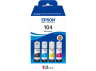 Cartouches d'encre Epson 104 multipack. Quatre bouteilles d'encre en noir, cyan, jaune et magenta.