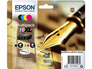 Multipack de cartouches d'encre Epson avec cartouches, un stylo et papier imprimé.