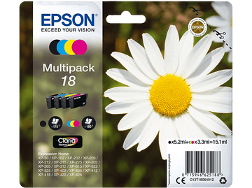 Multipack d'encre pour imprimante jet d'encre Epson. Contient quatre cartouches, avec une image de marguerite.