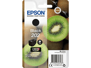 Pack de cartouches d'encre Epson. Montre une cartouche d'encre noire, avec un kiwi et le logo Epson.