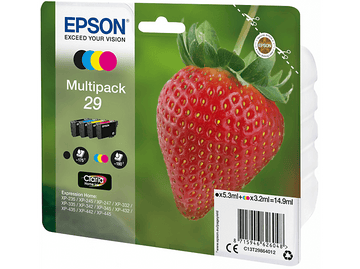 Multipack de cartouches d'encre Epson. Fraise rouge à droite. Feuilles vertes et fond vert.