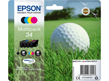 Multipack de cartouches d'encre Epson avec une balle de golf sur de l'herbe verte.
