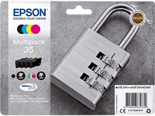 Charger l&#39;image dans la galerie, Multipack de cartouches d&#39;encre et un cadenas à combinaison. Le cadenas est ouvert, affiche des chiffres.
