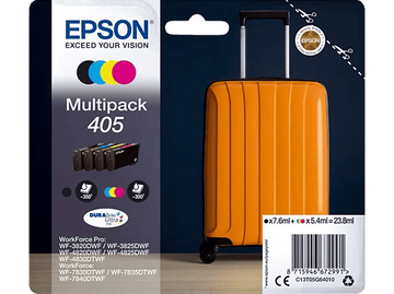 Multipack d'encre pour imprimante Epson avec une valise orange, encres : noir, cyan, magenta, jaune.